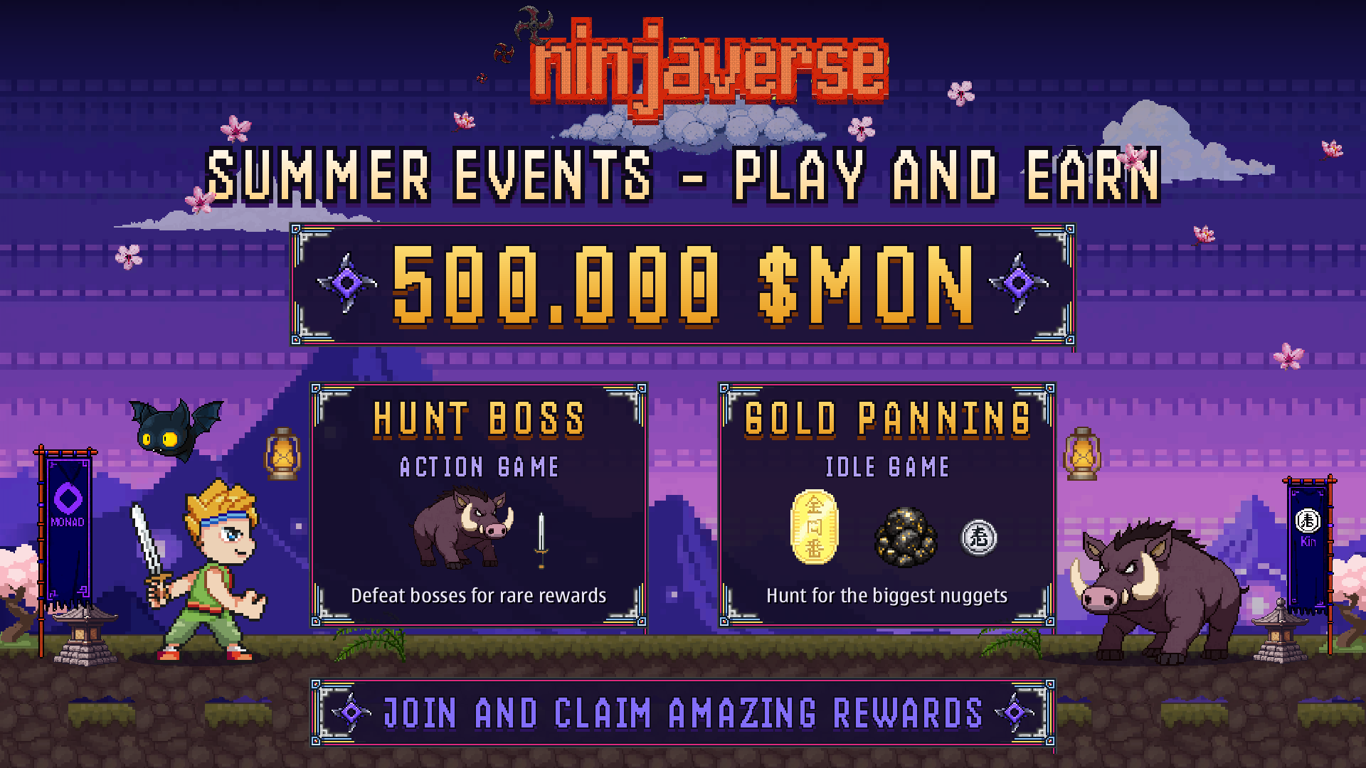 Ninjaverse summer events — 500,000 MON across two systems: Hunt Boss, an action game, and Gold Panning, an idle game.